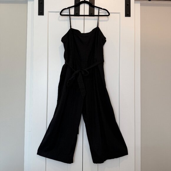 J.Crew Factory Women’s 16 Linen Blend Jumpsuit Black Cropped Wide Leg Belted - Picture 1 of 15